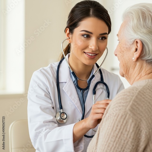 Photo of Doctor Examining Elderly Woman's Heart with Stethoscope