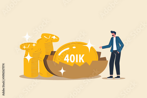 Retirement 401K investment, tax defer mutual fund for salary man financial success concept, happy young businessman investor stand with wealthy golden egg with word 401K and dollar money coin stack.