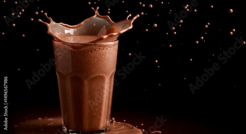 Photo of Chocolate Milk Splashing in Glass on Dark Background