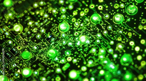 Close-up of glowing green circuit board, intricate details of electronic components