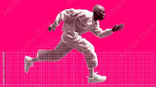 Runner sprints, pink grid background, speed, motion, active lifestyle