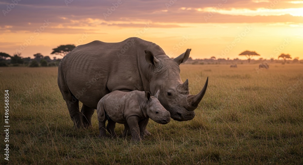 Obraz premium Photo of Baby Rhino with Mother at Sunset in African Grassland