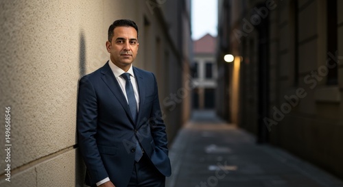 Photo of Confident Businessman in Blue Suit in City Alleyway