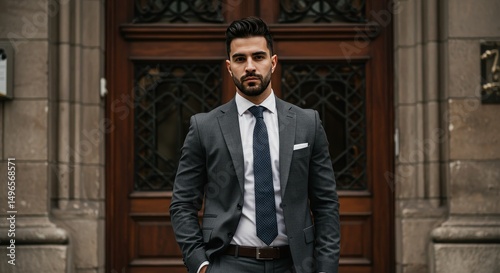Photo of Confident Businessman in Grey Suit by Ornate Door