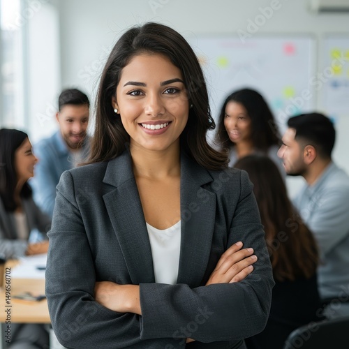 Photo of Confident Businesswoman Smiling with Crossed Arms in Modern Office Meeting