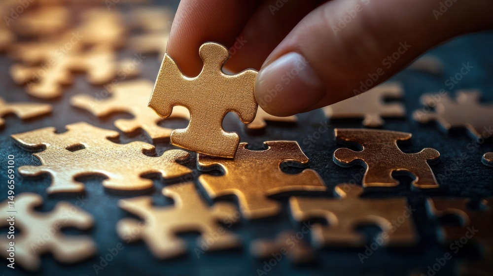 Close-up of a hand placing a golden puzzle piece among scattered golden puzzle pieces on a dark surface with soft lighting Close-up of a hand placing a golden puzzle piece among scattered golden puzzle pieces on a dark surface with soft lighting