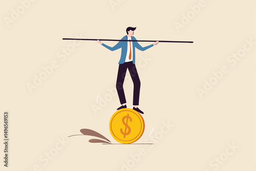 Financial and business risk, banking loan and debt risk, stability or balance of economics and investment or risk for losing job concept, businessman balancing not to fail from walking on golden coin.