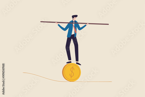 Financial and business risk, banking loan and debt risk, stability or balance of economics and investment or risk for losing job concept, businessman balancing not to fail from walking on golden coin.
