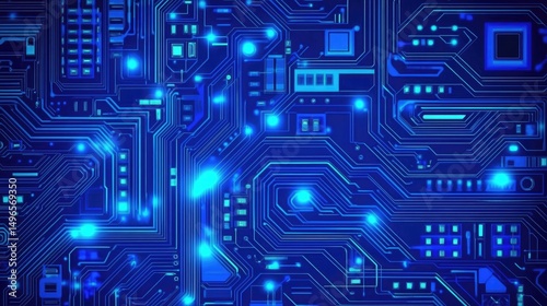 Abstract blue circuit board texture with glowing nodes and intricate pathways