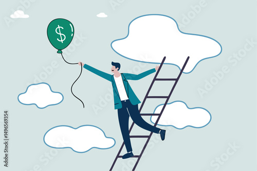 Ladder of success, achieving financial goals or investor searching for profit and investment return concept, success businessman climb up the ladder up to cloud to catching balloon with dollar money.