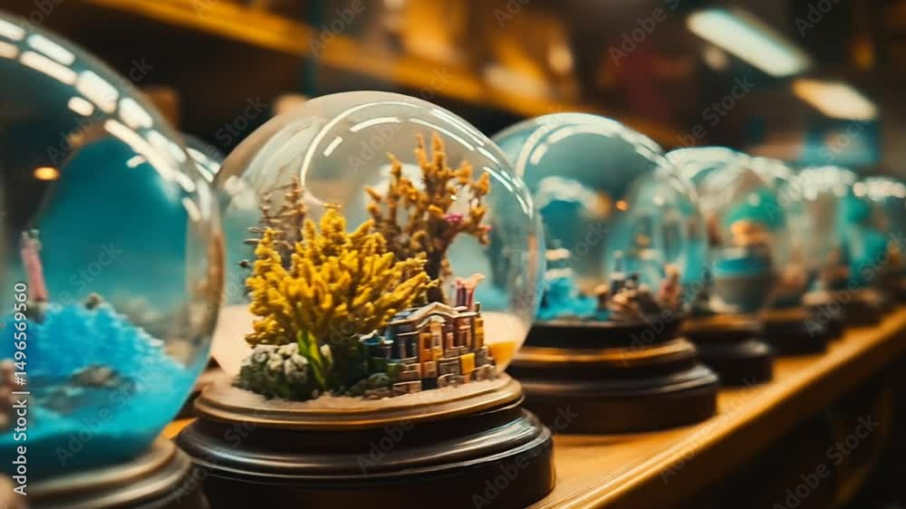 A row of beautifully crafted snow globes featuring miniature scenes of winter landscapes