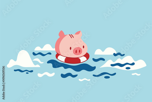 Business insurance, government helping policy in financial crisis or safety for personal savings in Coronavirus crash COVID-19 pandemic concept, hopeless pink piggy bank floating on lifebuoy in ocean.