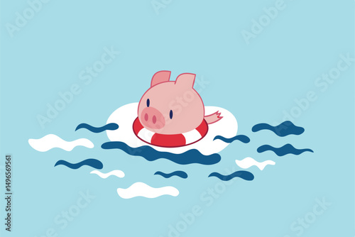 Business insurance, government helping policy in financial crisis or safety for personal savings in Coronavirus crash COVID-19 pandemic concept, hopeless pink piggy bank floating on lifebuoy in ocean.