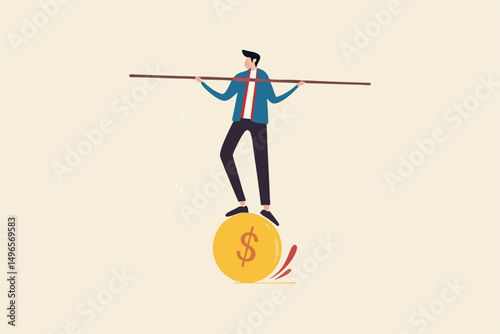 Financial and business risk, banking loan and debt risk, stability or balance of economics and investment or risk for losing job concept, businessman balancing not to fail from walking on golden coin.