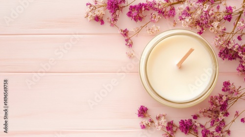 Serene Candle and Flowers on Pink Wooden Background