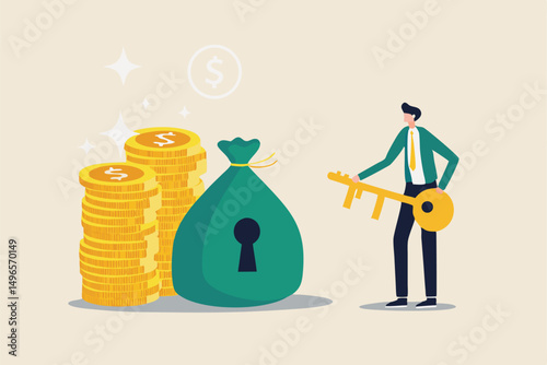 Financial key success, safe haven for investment or wealth manager to manage money concept, success businessman finance advisor holding golden key for money bag with keyhole and gold money coins stack