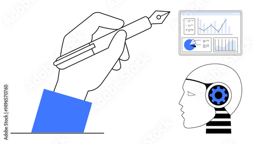 Hand writing with a pen beside robotic head with gears and analytics dashboard. Ideal for creativity, technology, AI integration, innovation, data analysis, teamwork, simple landing page