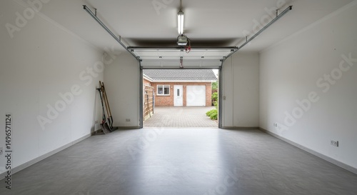 Photo of Empty Garage Interior with Open Door to House