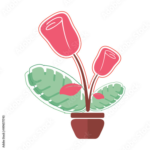 Colorful vector illustration of a potted plant with two pink rose flowers and large green leaves. Ideal for greeting cards, decor designs, and floral-themed creative projects
