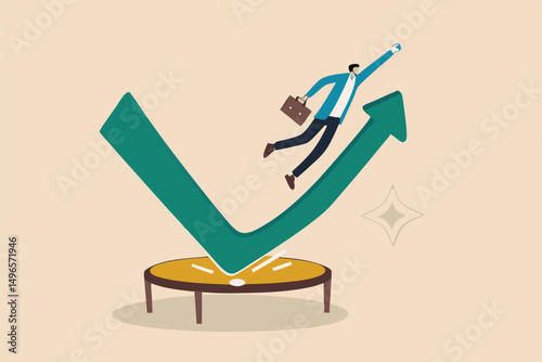 Stock market rebound, overcome business down fall and grow up profit or leadership and achievement concept, businessman jump bouncing high on trampoline with green rising up performance arrow graph.
