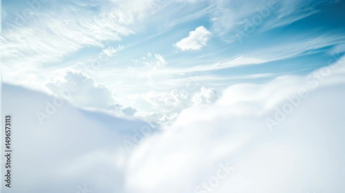 Beautiful white puffy clouds in a blue sky background, flying through air concept