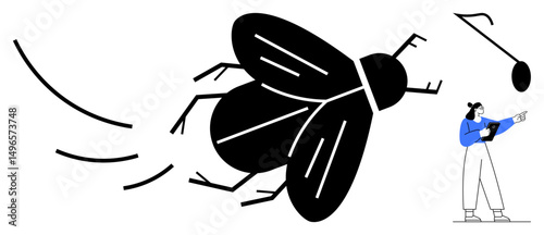 A large insect in dynamic motion flies near a woman holding a tablet and pointing. Ideal for creativity, exploration, research, curiosity, innovation, technology, education, simple landing page
