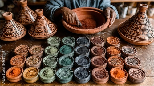 Top-down view of a Moroccan tagine served on a traditional table surrounded by colorful spices and intricate ceramic dishes, capturing rich cultural flavors.