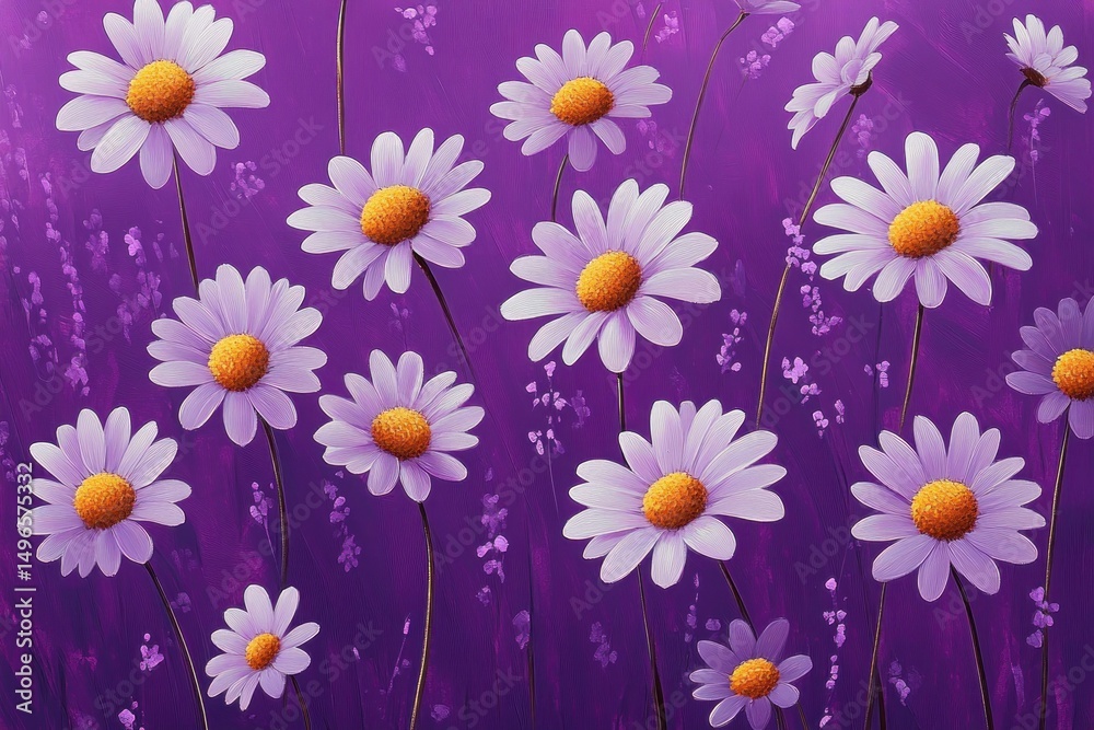 Fototapeta premium Bright white daisies with yellow centers blooming against a vibrant purple background evoking a sense of calm and beauty