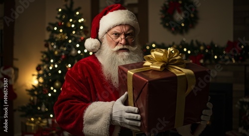 Photo of Grumpy Santa Holding Red and Gold Gift by Christmas Tree