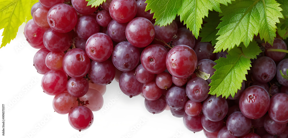Plump red seedless grape bunch with vibrant green leaves, isolated on a white background, ultra-high resolution, realistic textures and lighting. Plump red seedless grape bunch with vibrant green leaves, isolated on a white background, ultra-high resolution, realistic textures and lighting.