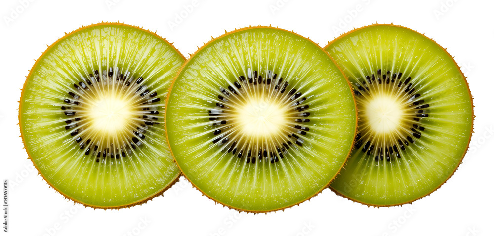 Fototapeta premium Freshly sliced kiwi with vivid green flesh displayed on a bright white background, high contrast.