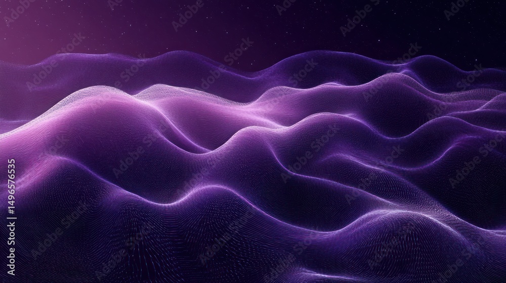 Obraz premium Abstract digital landscape with flowing purple and violet waves under a starry night sky, evoking a sense of calm and futuristic mystery