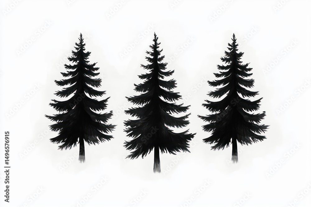 Fototapeta premium Three tall evergreen pine trees with full branches in black and white silhouette style on a white background