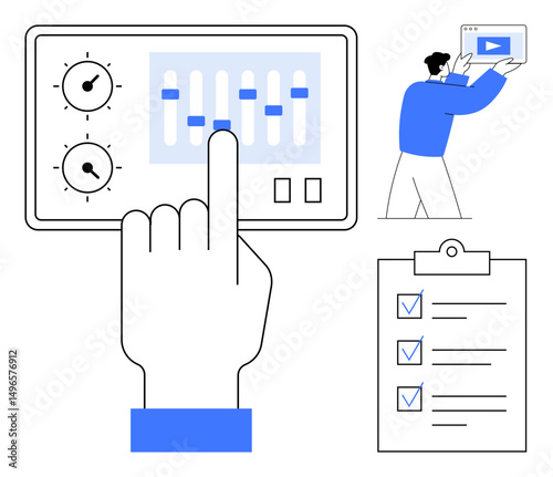 Hand operating control sliders on a sleek interface, man holding a video playback screen, and a completed checklist. Ideal for productivity, workflow management, goals, team coordination, digital