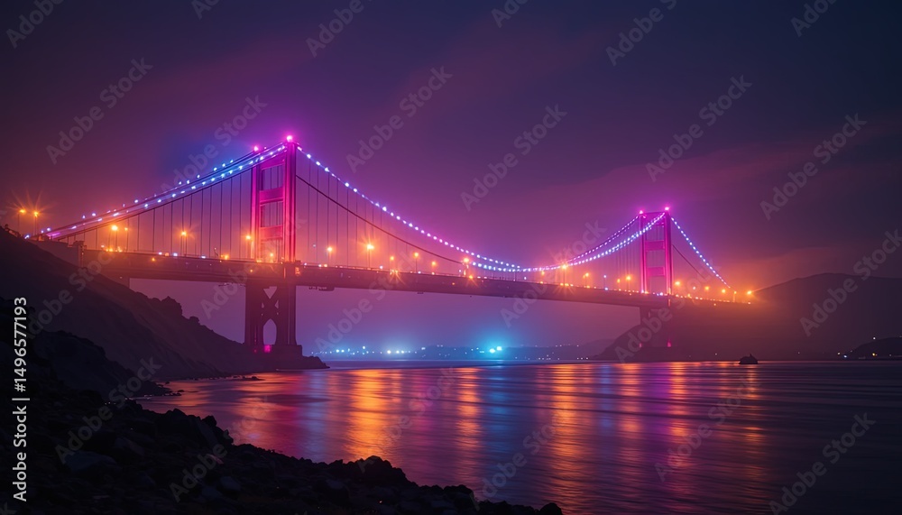 Fototapeta premium Vibrant nighttime view of a suspension bridge lit with colorful lights.