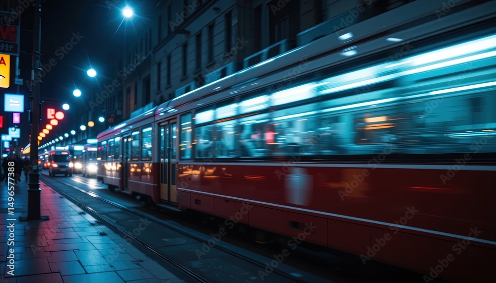 Night street scene with moving tram and vibrant city lights. Night street scene with moving tram and vibrant city lights.