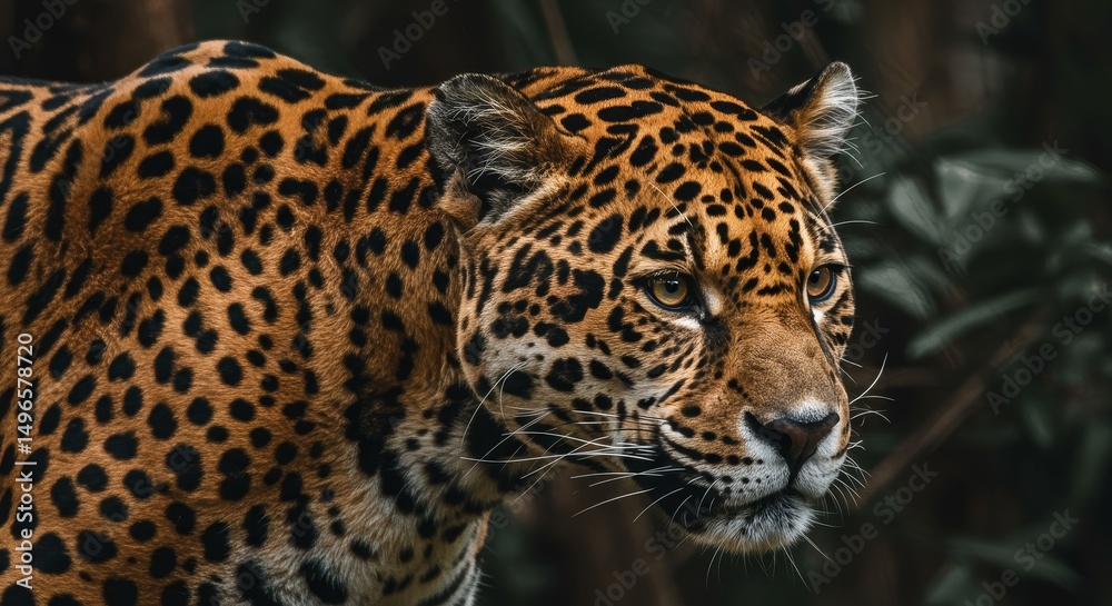 Obraz premium Photo of Jaguar Close-Up in Lush Jungle Setting