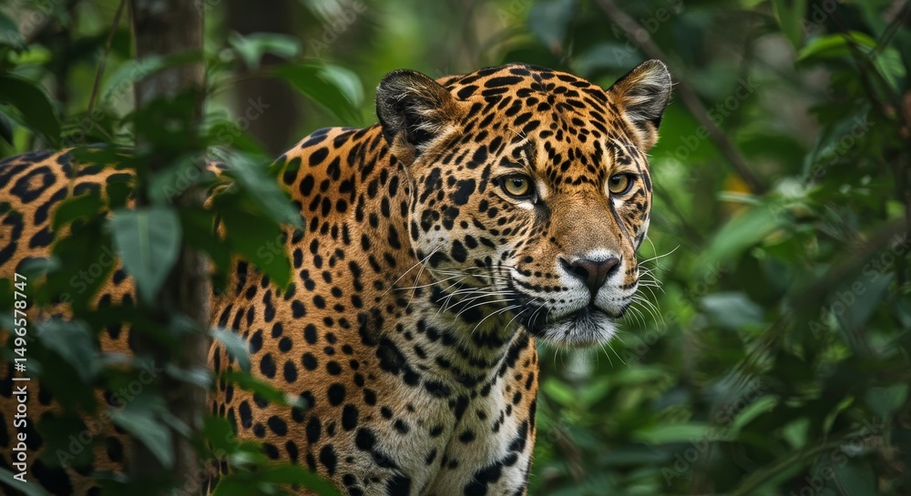 Naklejka premium Photo of Jaguar in Lush Green Rainforest