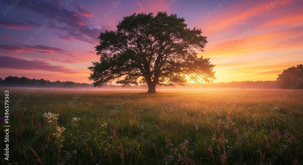 Fototapeta premium Photo of Lone Oak Tree in Misty Meadow at Sunset