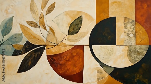 Abstract composition of leaves and geometric forms in earthy tones.