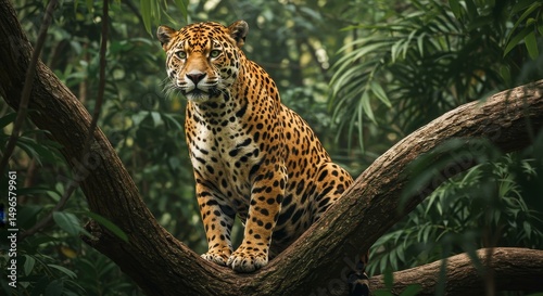 Photo of Jaguar Sitting on Branch in Lush Jungle