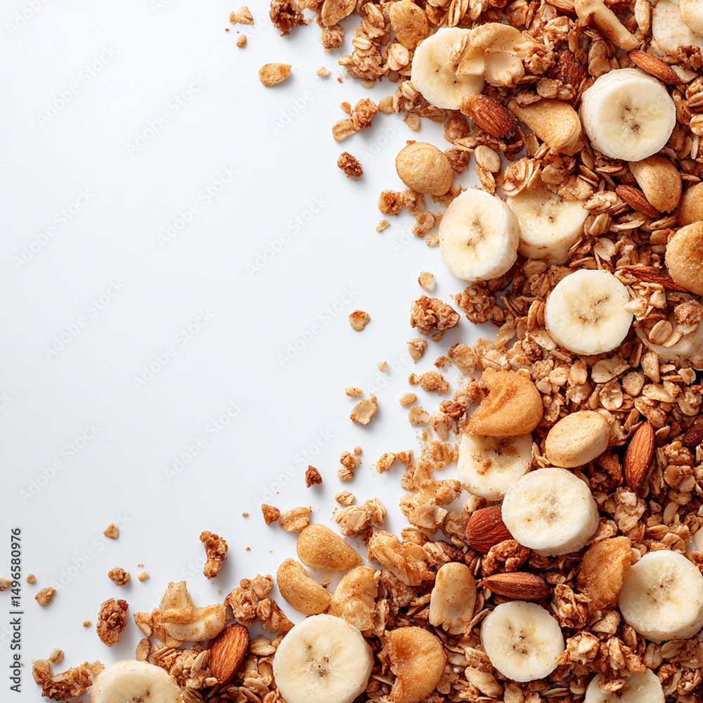 Fototapeta premium Delicious Granola with Banana and Nuts on White Background