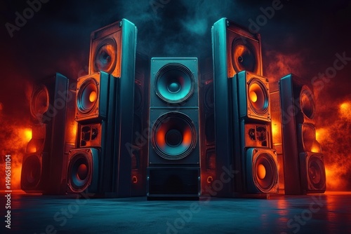 Wallpaper Mural Powerful arrangement of large black speakers emitting orange and blue glowing light effects with dramatic smoky background, evoking energy and intensity Torontodigital.ca