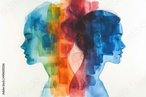 Wallpaper Mural Abstract watercolor painting of two female profiles facing opposite directions with calm expressions, blending vibrant blues, greens, oranges, and reds Torontodigital.ca