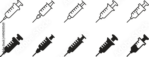 Syringe, injection icons set. Vaccination and treatment symbol collection in flat and line vector illustration