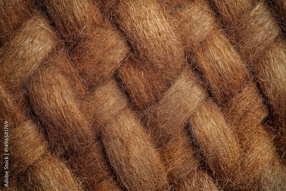 Obraz premium Close-up view of a woven natural fiber texture with thick, coarse strands interlaced in a braided pattern