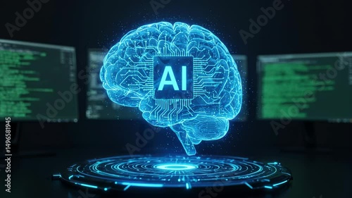 Blue abstract digital ai brain with glowing spheres around it and a dark technology lab landscape in the background