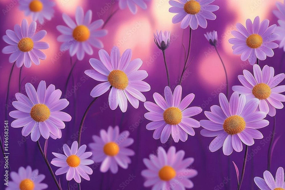 Obraz premium Close-up view of delicate purple daisies with vibrant yellow centers against a soft pink and purple blurred background, evoking a calm and dreamy atmosphere