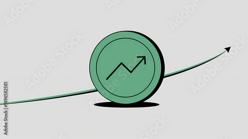Flat design finance illustration with coin, arrow, and growth line on gray background
