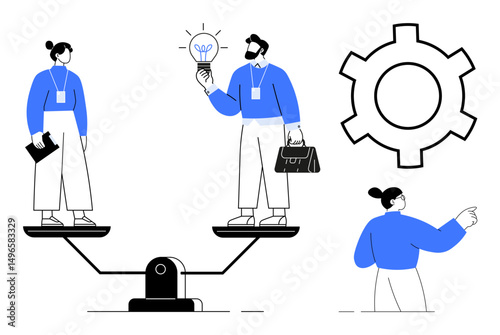 Businesspeople stand on a balance scale, one holding a lightbulb, representing innovation, while an observer stands nearby. Ideal for teamwork, balance, innovation, collaboration, leadership